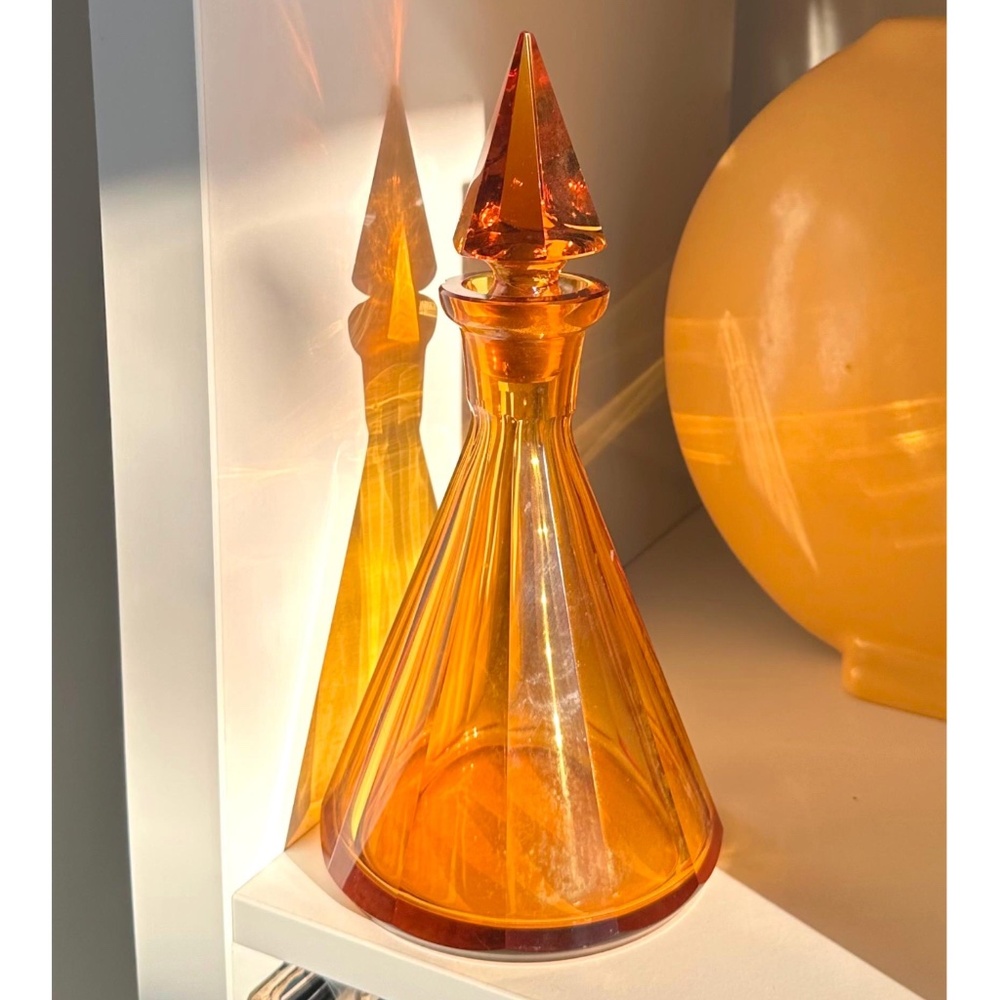 Vintage Art Deco • Amber Crystal Cut Glass  Glass Large Prism Style Decanter